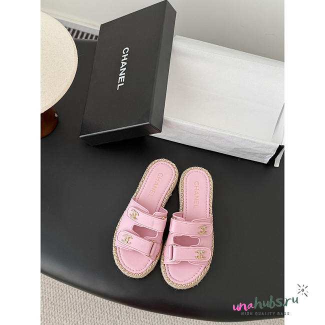 Chanel Leather Double Strap Espadrille Slides In Pink - Unahubs - 1