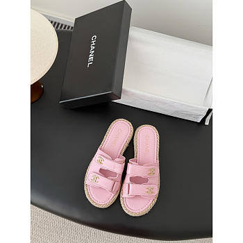 Chanel Leather Double Strap Espadrille Slides In Pink - Unahubs