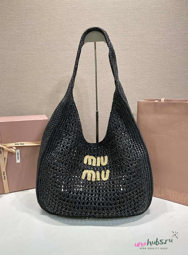 Miu Miu Raffia crochet-knit Woven black hobo bag - 42.5x32x9cm - 1