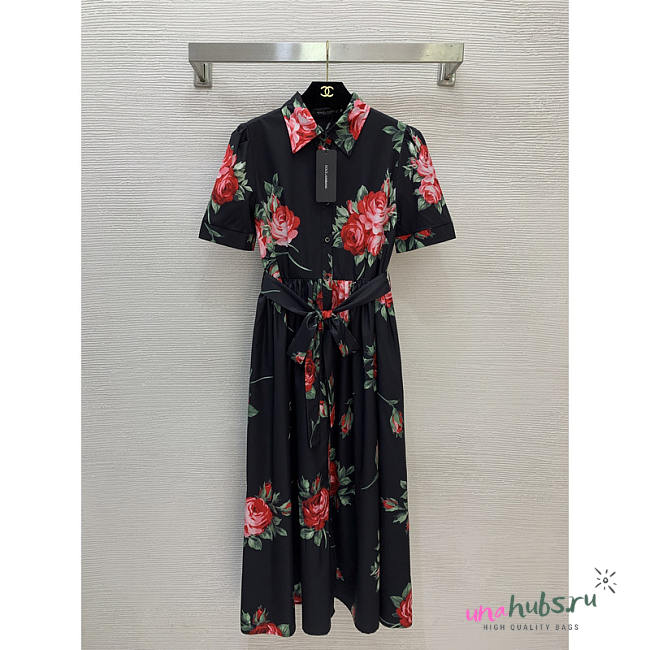 Dolce & Gabbana Black Rose Print Shirt Dress - Unahubs - 1