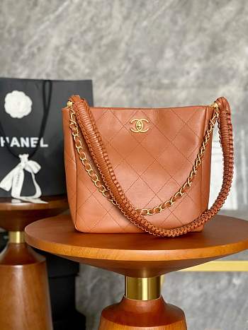 Chanel Calfskin Braided Handle Chain Hobo Brown 25x26x7.5cm 