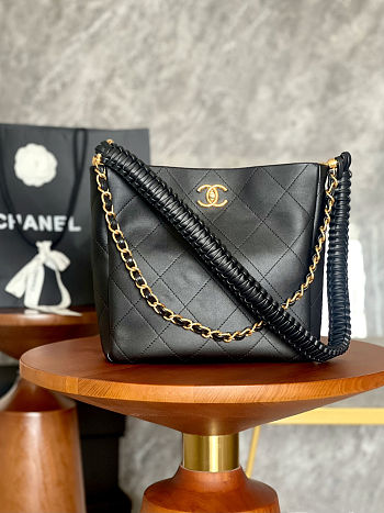 Chanel Calfskin Braided Handle Chain Hobo Black 25x26x7.5cm