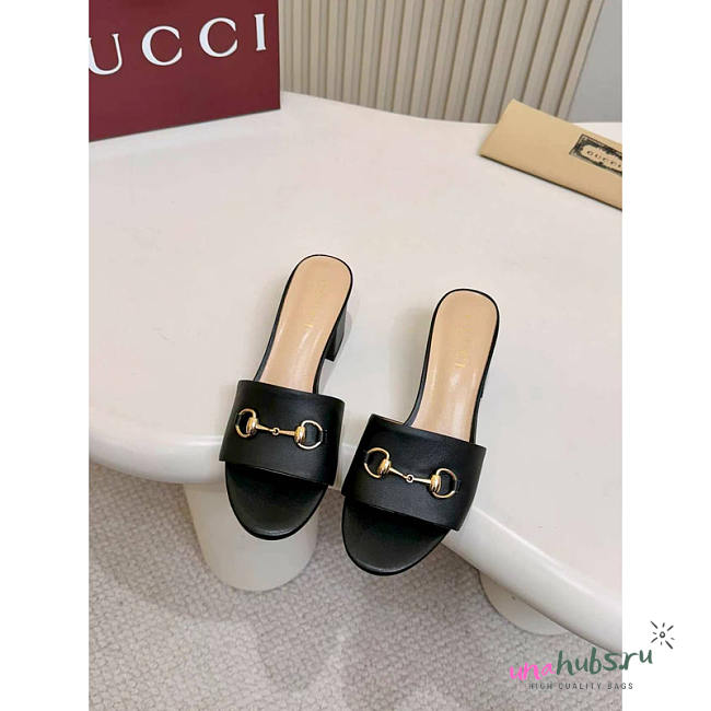 Gucci Black Leather Horsebit Block Heel Mules  - 1