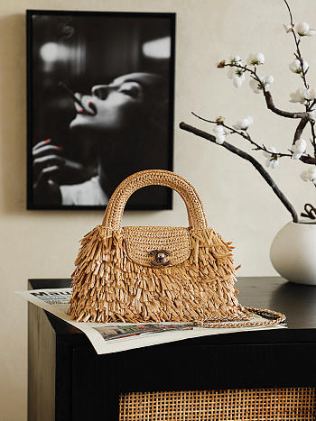 Chanel Kelly Raffia fringe Wool Dark beige 19x13x7cm