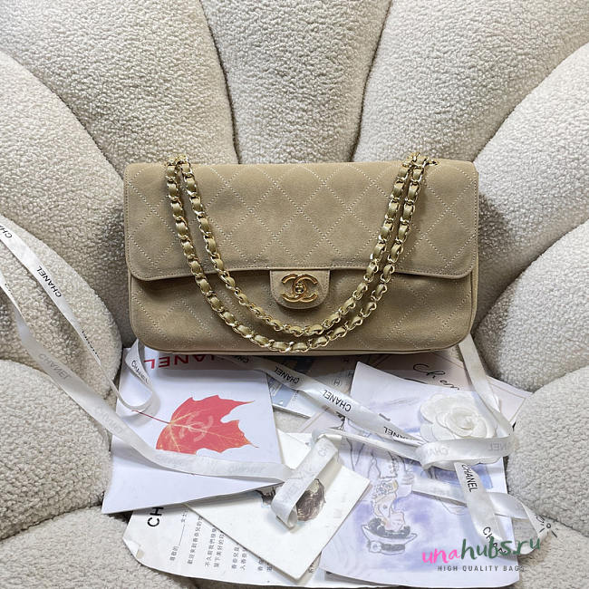 Chanel Flap Bag Beige Suede CC Turnlock Gold 33x23x11cm - 1