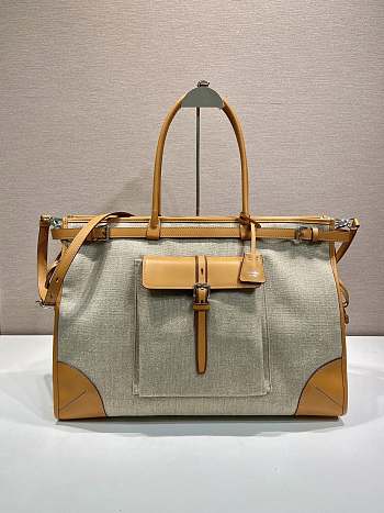 Prada Bonnie linen and leather tote bag 50x36x17cm