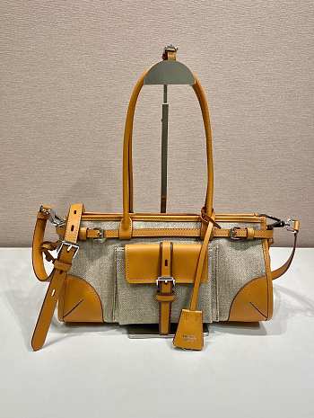 Prada Bonnie medium linen and leather handbag 32x15.5x12cm