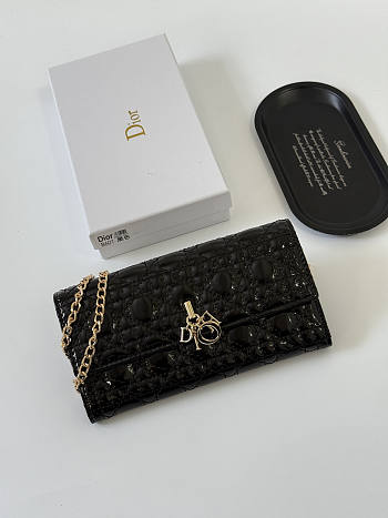 Dior Chain Wallet Black Patent 19x10.5x3.5cm