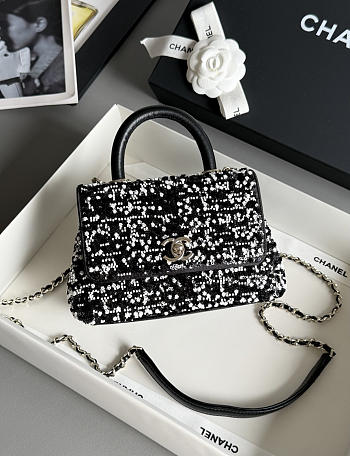 Chanel Mini Coco Handle Flap Lambskin Sequin Black White 19x13x9cm
