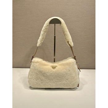 Prada White Shearling Shoulder Bag With Gold-Tone 31x18x10cm