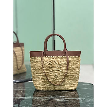 Prada Beige Raffia Brown Leather Trimmed Tote Bag 25x26x15cm