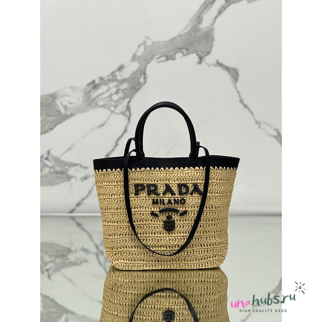 Prada Beige Raffia Black Leather Trimmed Tote Bag 25x26x15cm - 1