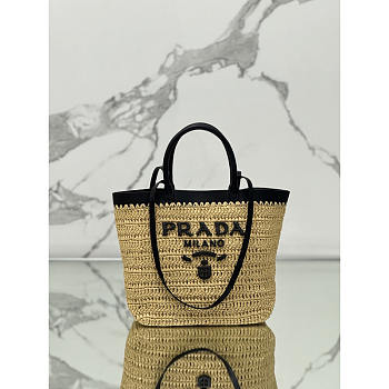 Prada Beige Raffia Black Leather Trimmed Tote Bag 25x26x15cm