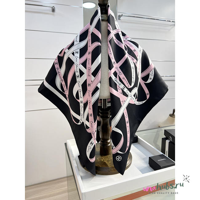 Chanel Square Scarf Silk Twill Black & Pink Ribbon Print - 1