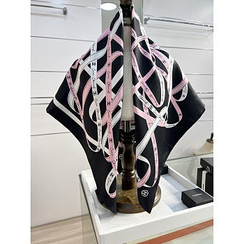 Chanel Square Scarf Silk Twill Black & Pink Ribbon Print