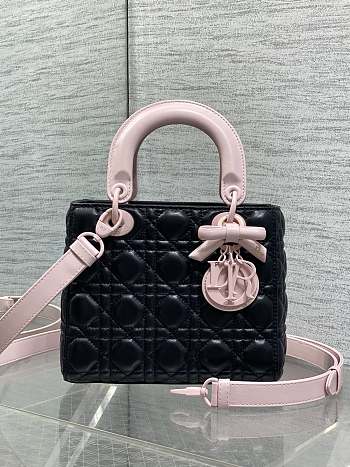 Dior Mini Lady Bag Strap Black and Rose 20x17x8cm