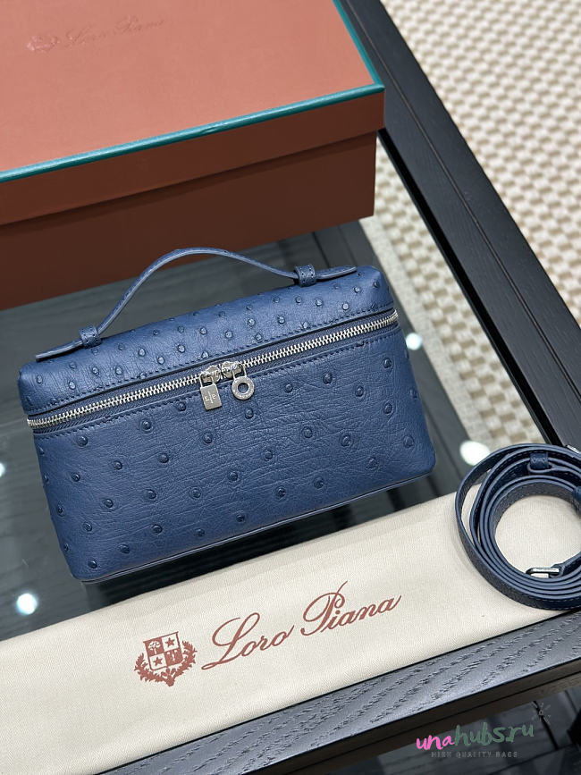 Loro Piana Extra Pocket L19 Ostrich Leather Blue silver 19cm - 1