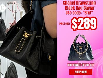 Chanel Drawstring Black Bag Caviar Leather 30x26x14cm