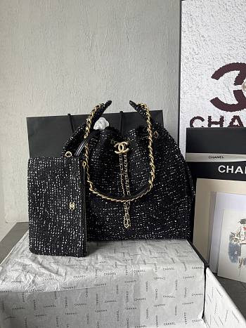 Chanel 25 Tweed Quilted Medium Handbag Black 40x30x15cm