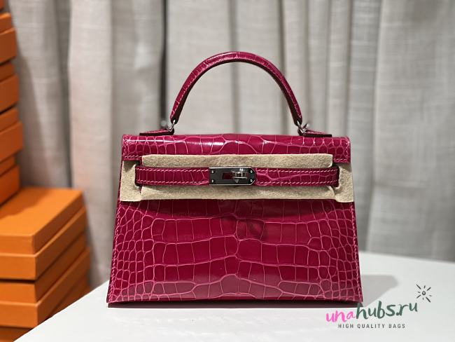 Hermes Mini Kelly Crocodile Pink Silver 20cm - 1