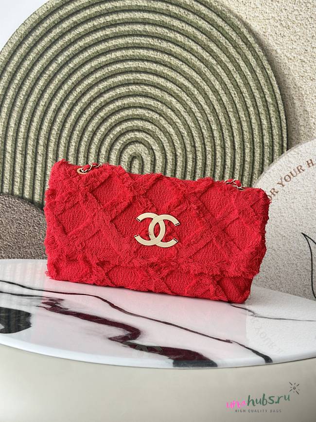 Chanel Flap Bag Red CC Tweed Nature 38x21x11cm - 1