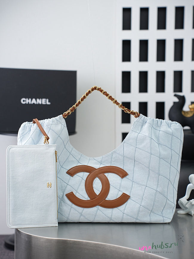 Chanel Coco Beach Shopping Tote Denim Light Blue Brown 43x20x17cm - 1