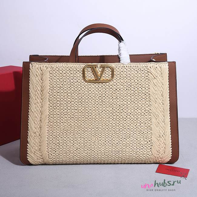 Valentino Garavani Raffia Calfskin Vlogo Tote Naturale Saddle Brown 48cm - 1
