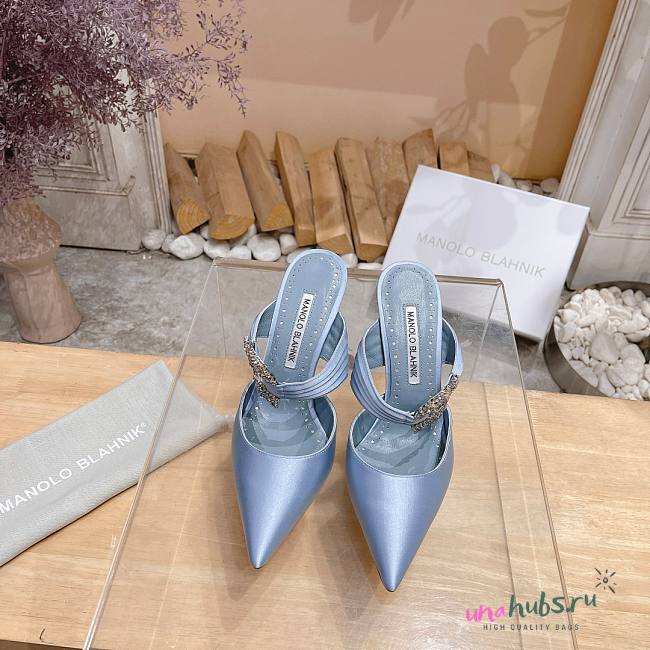 Manolo Blahnik Maidugura 90mm Satin Blue Mules - 1