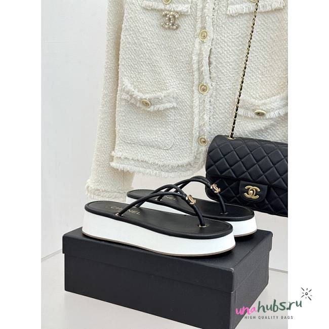 Chanel Black Mini CC Logo Platform Thong Slide Sandals - 1