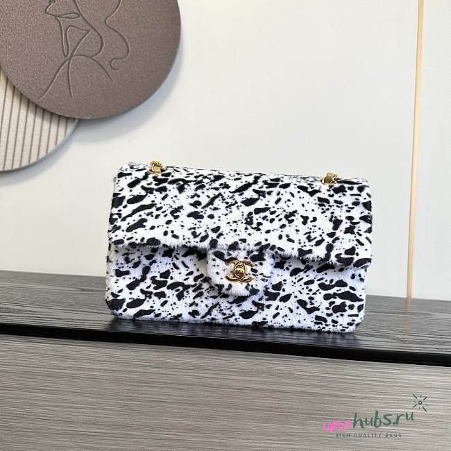 Chanel Medium Flap Bag White Black Calf Hair Gold 25cm - 1
