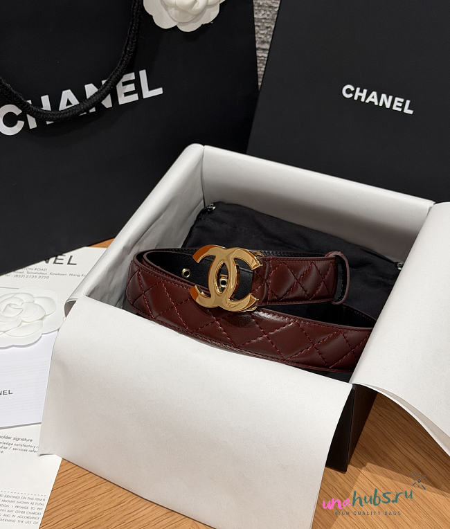 Chanel Leather Belt Burgundy Gold 30mm - 1