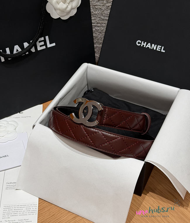 Chanel Leather Belt Burgundy Silver 30mm - 1