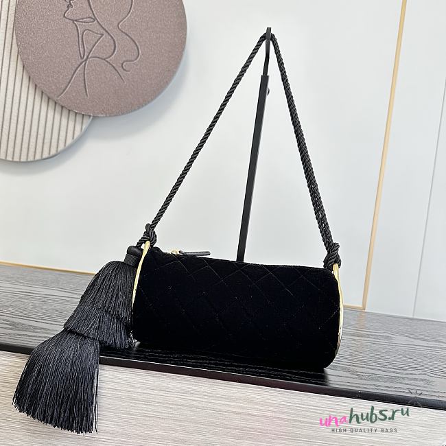 Chanel Tassel Barrel Bag Black Velvet Gold Hardware 23.5x12x12cm - 1