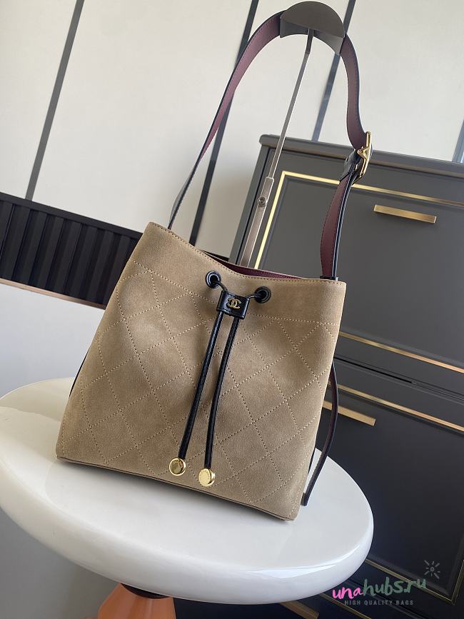 Chanel Bucket Bag Suede Calfskin Dark Beige & Black 23x23x14.5cm - 1