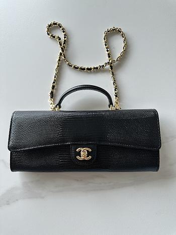Chanel Top Handle Long Clutch Calfskin Lizard Black 25x9.5x5cm