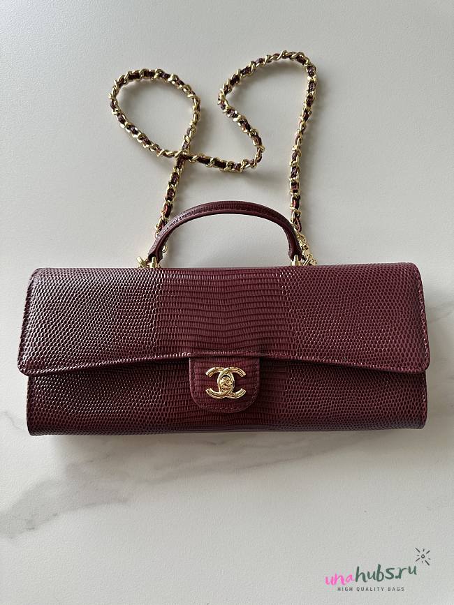 Chanel Top Handle Long Clutch Calfskin Lizard Burgundy 25x9.5x5cm - 1