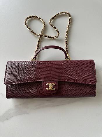 Chanel Top Handle Long Clutch Calfskin Lizard Burgundy 25x9.5x5cm