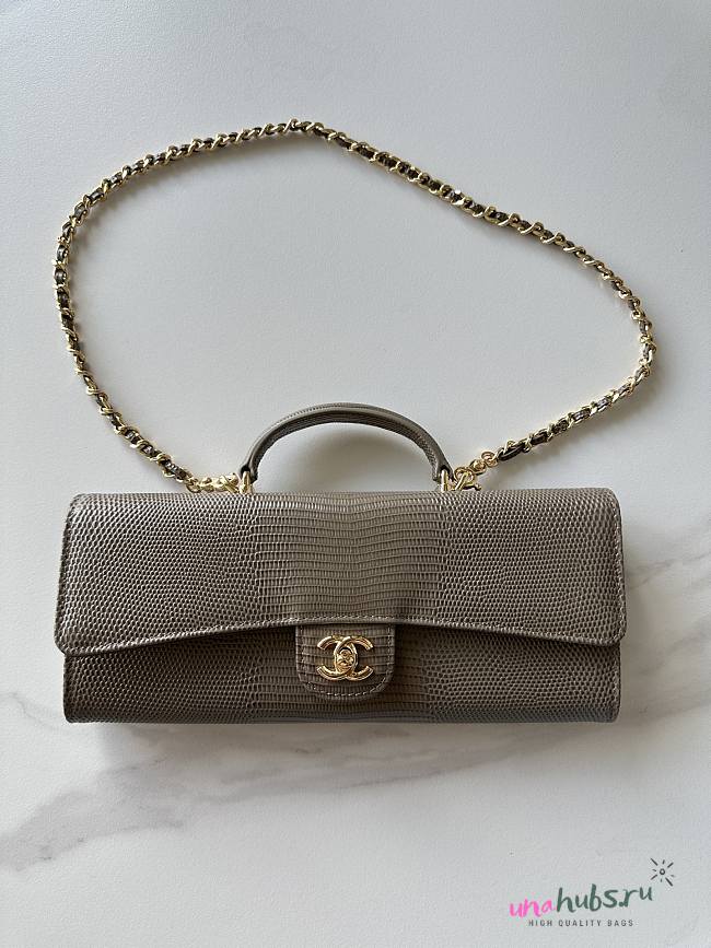 Chanel Top Handle Long Clutch Calfskin Lizard Dark Khaki 25x9.5x5cm - 1