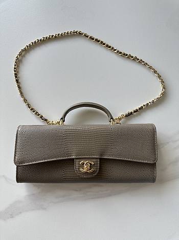 Chanel Top Handle Long Clutch Calfskin Lizard Dark Khaki 25x9.5x5cm